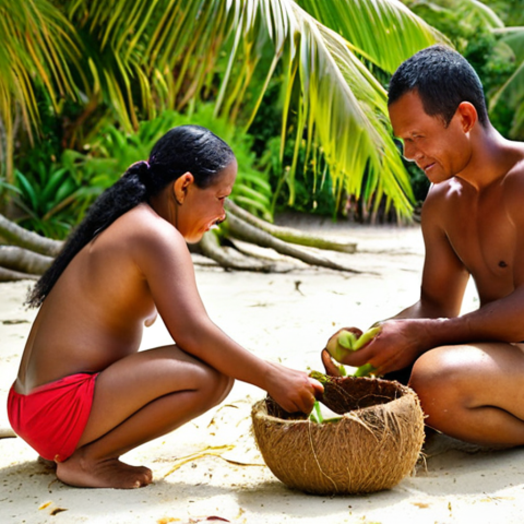 A vibrant scene showcasing the profound connection between Nauruan people and coconuts. Focus on Nauruan men, women, and children engaged in diverse traditional activities: expertly weaving durable baskets from dried coconut fronds, cooking flavorful dishes with rich coconut milk, and joyfully drinking refreshing coconut water directly from the fruit. The setting is a lush, tropical Nauru island beach or village, with abundant palm trees. Emphasize authentic cultural representation, warm natural lighting, and a sense of community.
