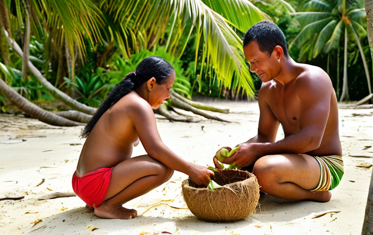 A vibrant scene showcasing the profound connection between Nauruan people and coconuts. Focus on Nauruan men, women, and children engaged in diverse traditional activities: expertly weaving durable baskets from dried coconut fronds, cooking flavorful dishes with rich coconut milk, and joyfully drinking refreshing coconut water directly from the fruit. The setting is a lush, tropical Nauru island beach or village, with abundant palm trees. Emphasize authentic cultural representation, warm natural lighting, and a sense of community.