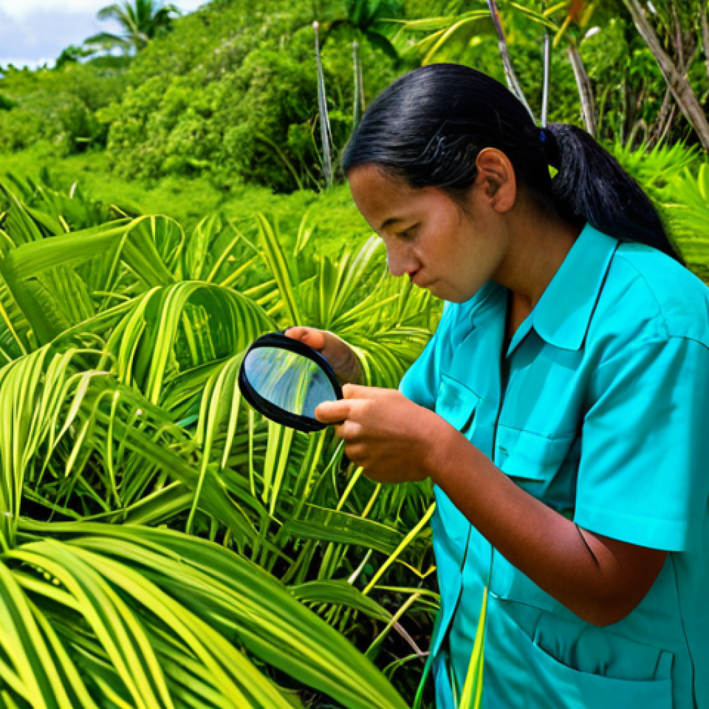 A dedicated female environmental scientist in a modest, professional field uniform, carefully examining indigenous plants on a pristine, sun-drenched tropical island in Nauru. Lush, unique flora surrounds her, with a clear, calm turquoise ocean in the background. She holds a magnifying glass, focusing on a leaf, symbolizing meticulous protection of the fragile ecosystem from external threats like foreign plants or pests. The scene conveys a sense of responsibility and preservation. Fully clothed, appropriate attire, safe for work, family-friendly, perfect anatomy, correct proportions, natural pose, well-formed hands, proper finger count, natural body proportions, professional photography, high quality, appropriate content.