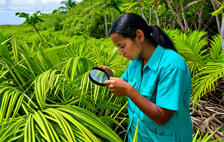 A dedicated female environmental scientist in a modest, professional field uniform, carefully examining indigenous plants on a pristine, sun-drenched tropical island in Nauru. Lush, unique flora surrounds her, with a clear, calm turquoise ocean in the background. She holds a magnifying glass, focusing on a leaf, symbolizing meticulous protection of the fragile ecosystem from external threats like foreign plants or pests. The scene conveys a sense of responsibility and preservation. Fully clothed, appropriate attire, safe for work, family-friendly, perfect anatomy, correct proportions, natural pose, well-formed hands, proper finger count, natural body proportions, professional photography, high quality, appropriate content.