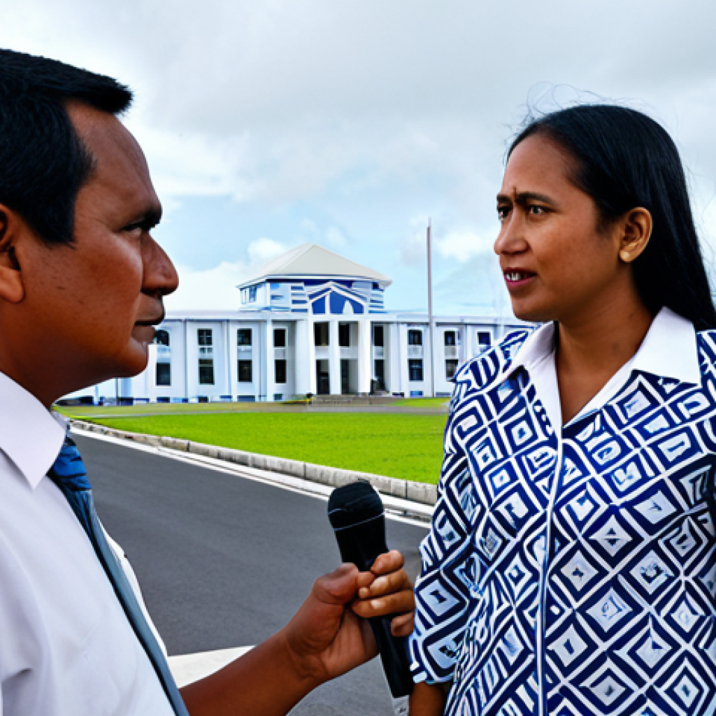 "A professional journalist interviewing a Nauruan politician in modest attire, discussing election transparency. Background: Nauruan Parliament building. Safe for work, appropriate content, fully clothed, perfect anatomy, natural pose, professional lighting."