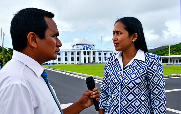 "A professional journalist interviewing a Nauruan politician in modest attire, discussing election transparency. Background: Nauruan Parliament building. Safe for work, appropriate content, fully clothed, perfect anatomy, natural pose, professional lighting."