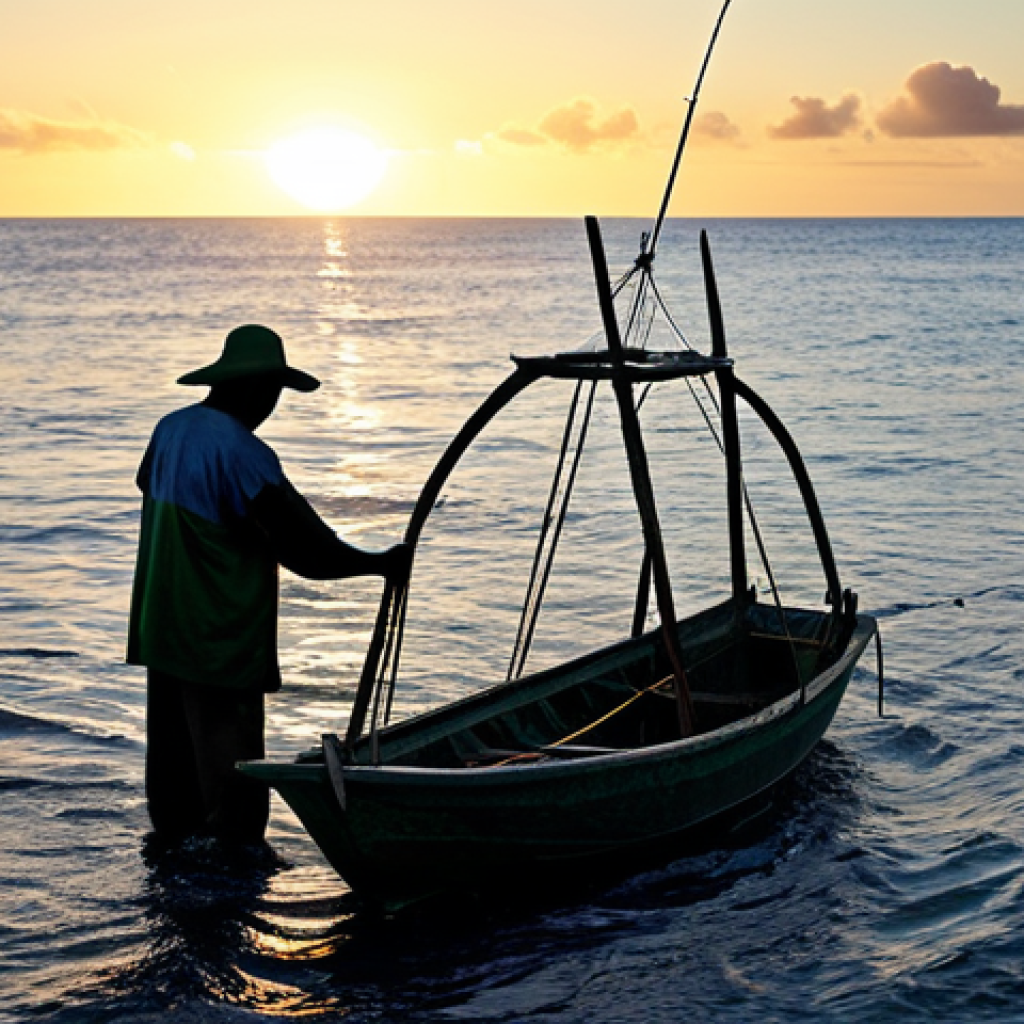 "A Nauruan fisherman, fully clothed in modest fishing attire, casting a net into the ocean at sunrise, with a small, traditional boat nearby. Safe for work, appropriate content, perfect anatomy, natural pose, professional photography, high quality."