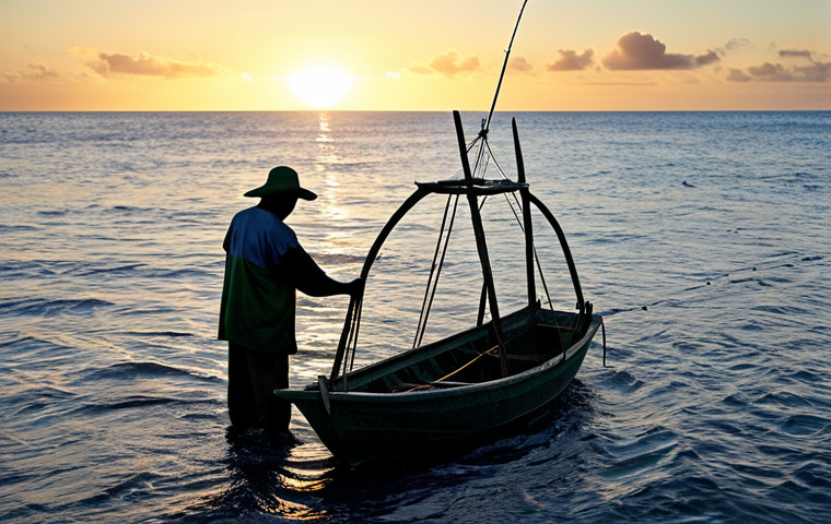 "A Nauruan fisherman, fully clothed in modest fishing attire, casting a net into the ocean at sunrise, with a small, traditional boat nearby. Safe for work, appropriate content, perfect anatomy, natural pose, professional photography, high quality."