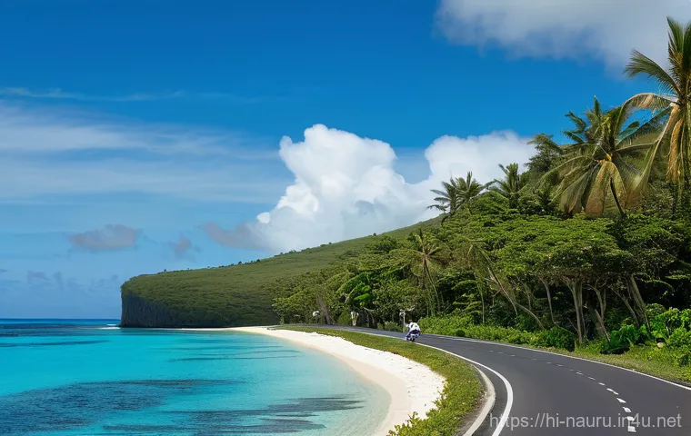나우루 대중교통 시스템 - **Image Prompt: "Nauru's Peaceful Ring Road Life"**
A wide-angle shot capturing a scenic section...